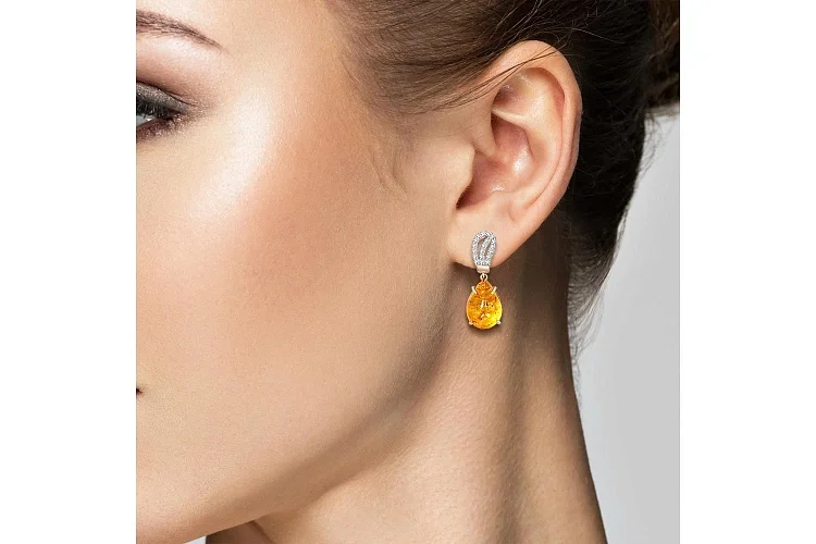 Серьги из красного золота с янтарём и 38 фианитами