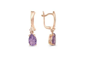 Серьги из красного золота с 2 аметистами и 6 фианитами