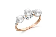 Кольцо из красного золота с 3 жемчужинами и 23 фианитами