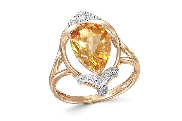 Кольцо из красного золота с цитрином и 23 фианитами