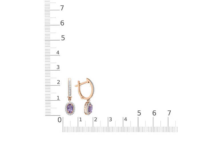 Серьги из красного золота с 2 аметистами и 54 фианитами