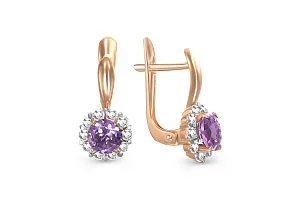 Серьги из красного золота с 2 аметистами и 20 фианитами