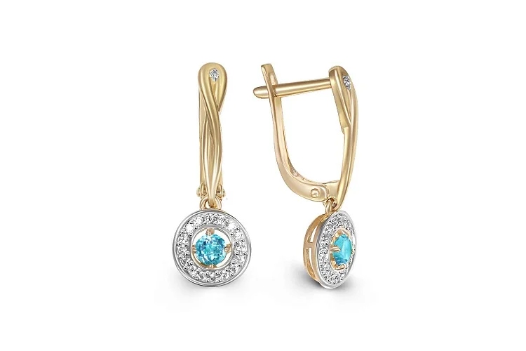 Серьги из жёлтого золота с 2 топазами swiss и 34 фианитами