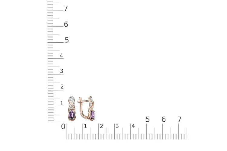 Серьги из красного золота с 2 аметистами и 14 фианитами