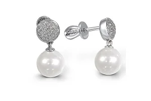 Серьги-пусеты из белого золота с 2 жемчужинами и 62 фианитами