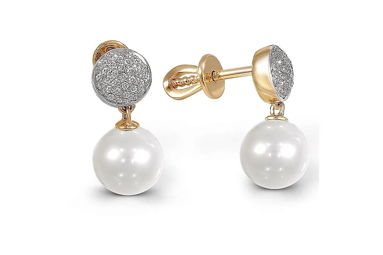 Серьги-пусеты из жёлтого золота с 2 жемчужинами и 62 фианитами