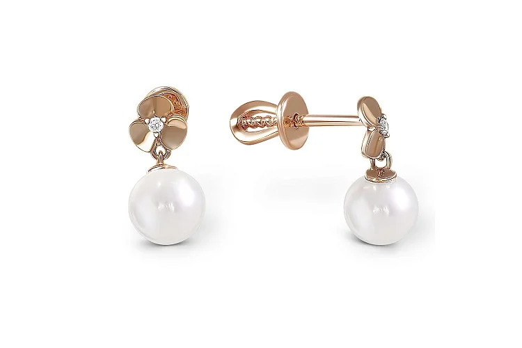 Серьги-пусеты Цветы из красного золота с 2 жемчужинами и 2 фианитами