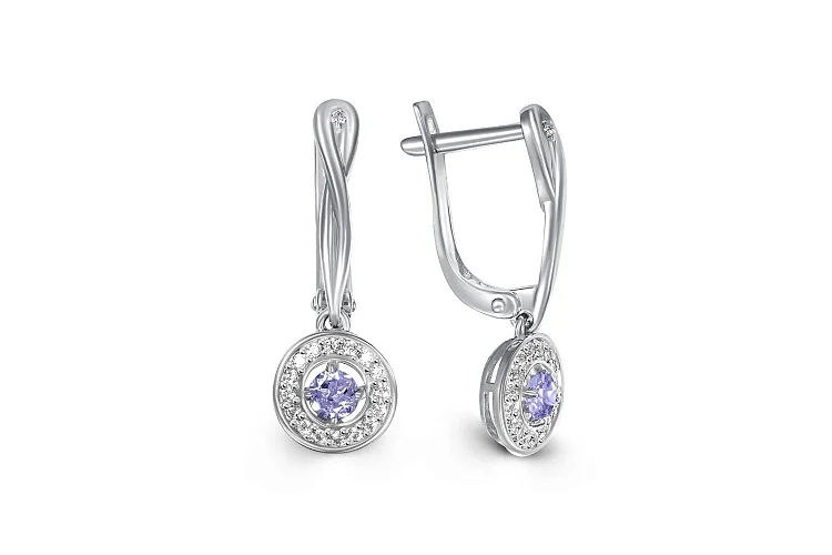 Серьги из белого золота с 2 танзанитами и 34 фианитами