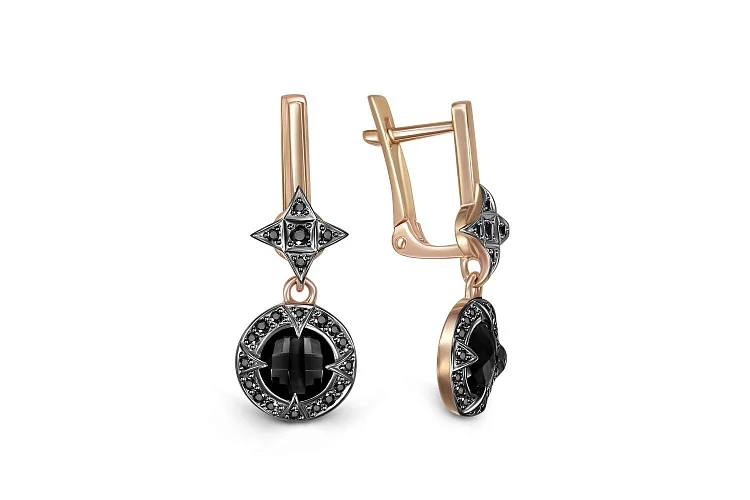 Серьги из красного золота с 2 шпинелями и 42 фианитами