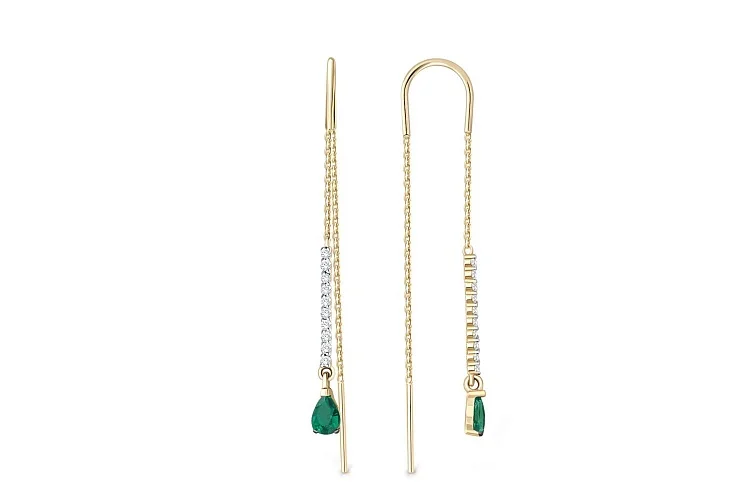 Серьги-продёвки Дорожки из жёлтого золота с 2 изумрудами и 20 фианитами