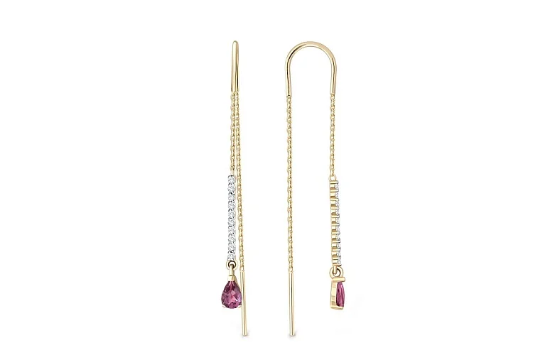 Серьги-продёвки Дорожки из жёлтого золота с 2 родолитами и 20 фианитами