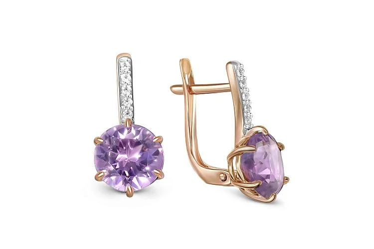 Серьги из красного золота с 2 аметистами и 10 фианитами