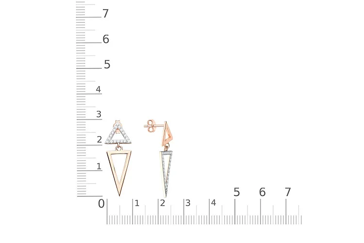 Серьги-пусеты Треугольники из красного золота с 44 фианитами