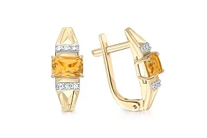 Серьги из жёлтого золота с 2 цитринами и 12 фианитами