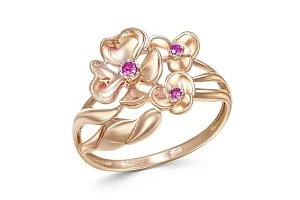 Кольцо Цветок из красного золота с 3 рубинами