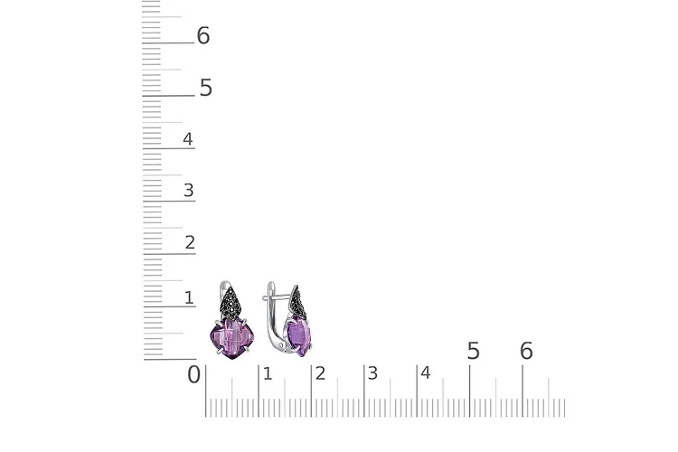 Серьги из белого золота с 2 аметистами и 28 фианитами
