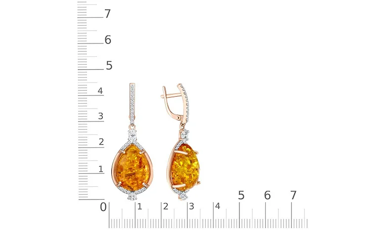 Серьги из красного золота с янтарём и 48 фианитами