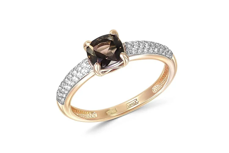 Кольцо из красного золота с раухтопазом и 50 фианитами