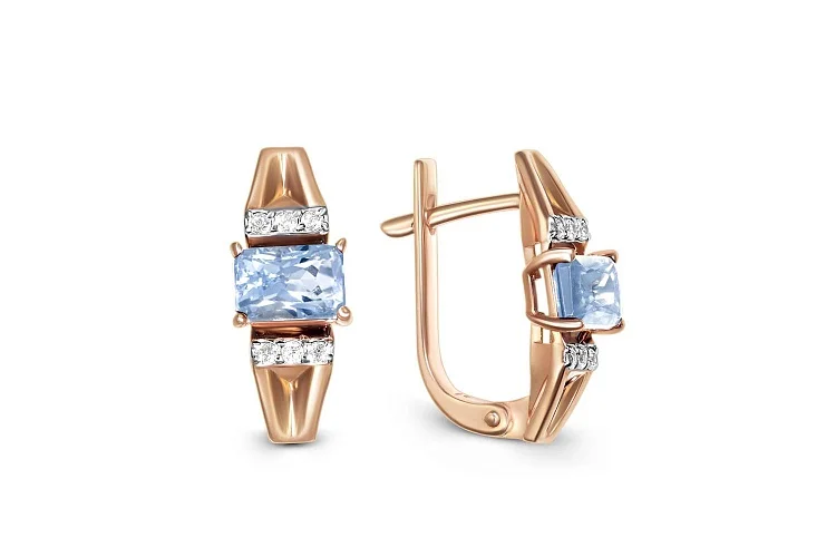 Серьги из красного золота с 2 топазами sky и 12 фианитами