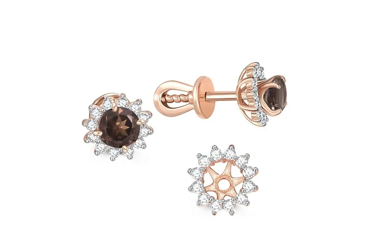 Серьги-пусеты из красного золота с 2 раухтопазами и 24 фианитами