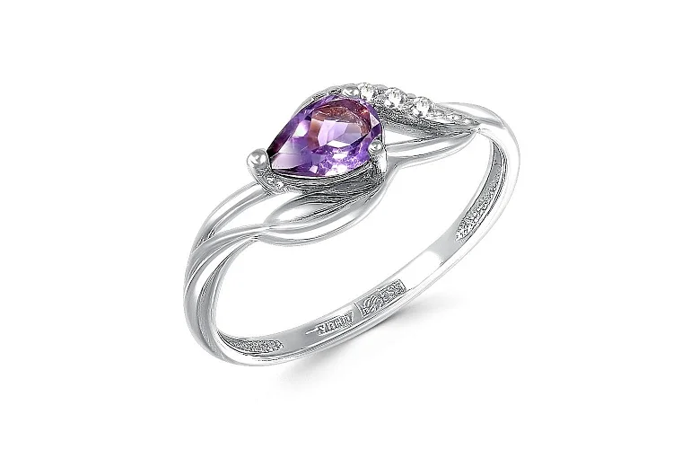 Кольцо из белого золота с аметистом и 3 фианитами