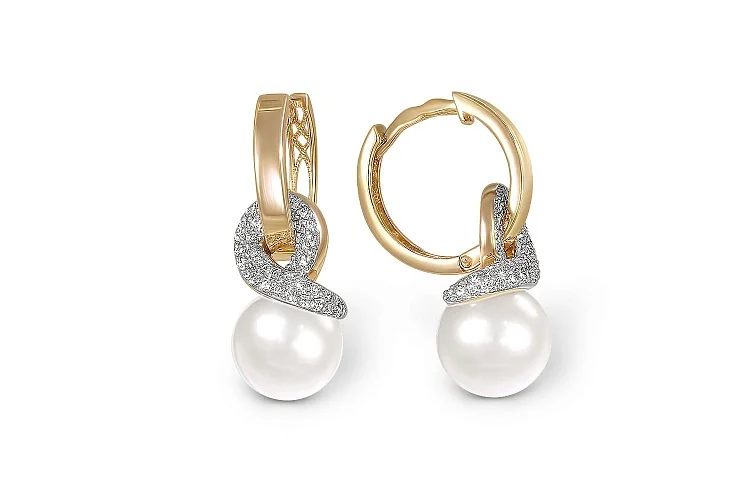 Серьги-трансформеры из жёлтого золота с 2 жемчужинами и 86 фианитами