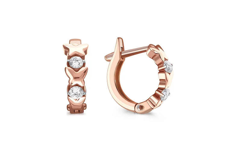 Серьги Бабочки из красного золота с 4 фианитами