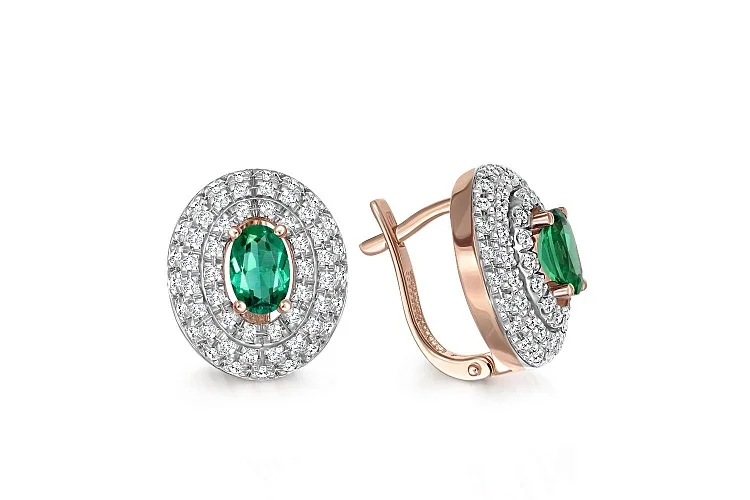 Серьги из красного золота с 2 изумрудами и 110 фианитами