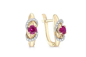 Серьги из жёлтого золота с 2 корундами и 24 фианитами