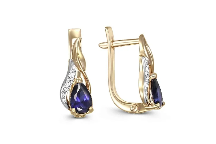 Серьги из жёлтого золота с 2 сапфирами и 6 бриллиантами