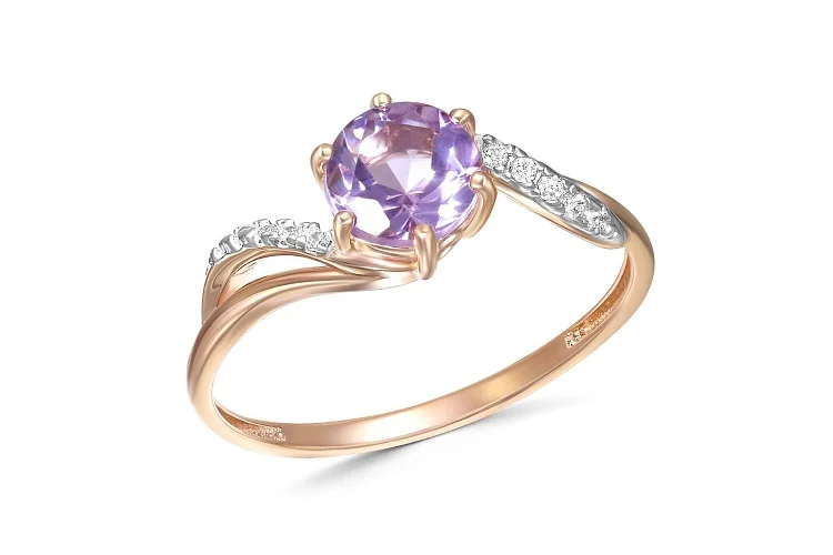 Кольцо из красного золота с аметистом и 10 фианитами