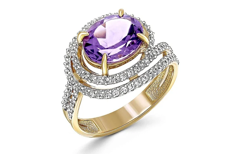 Кольцо из жёлтого золота с аметистом и 93 фианитами