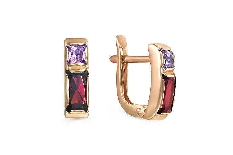 Серьги из красного золота с 2 гранатами и 2 аметистами
