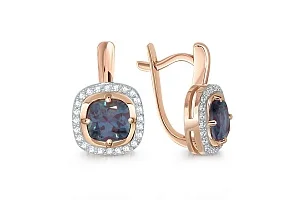 Серьги из красного золота с 2 александритами и 48 фианитами