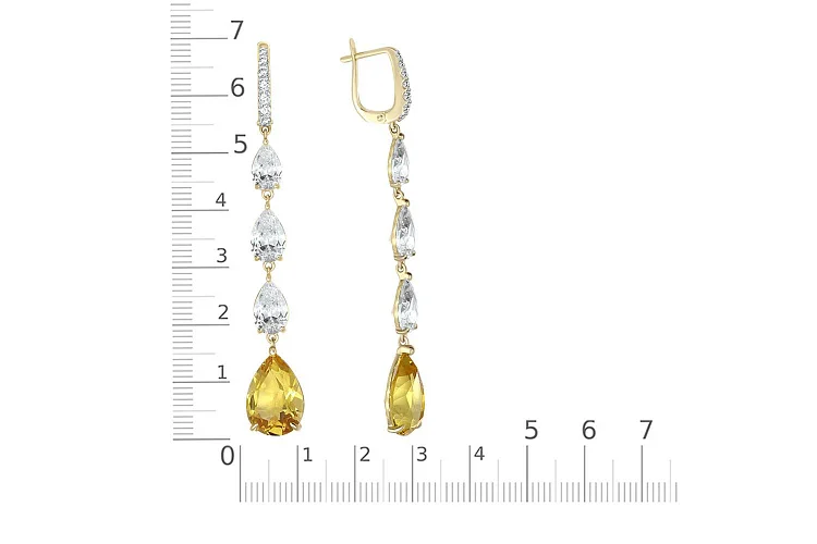 Серьги из жёлтого золота с 2 кварцами и 20 фианитами