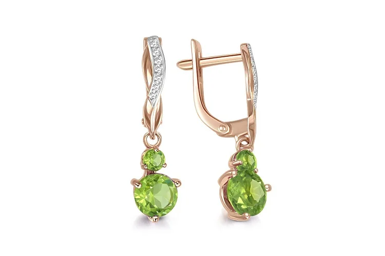 Серьги из красного золота с 80 хризолитами и 280 фианитами