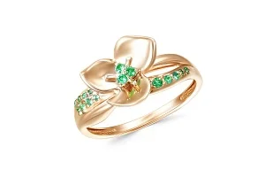 Кольцо Цветок из красного золота с 16 изумрудами