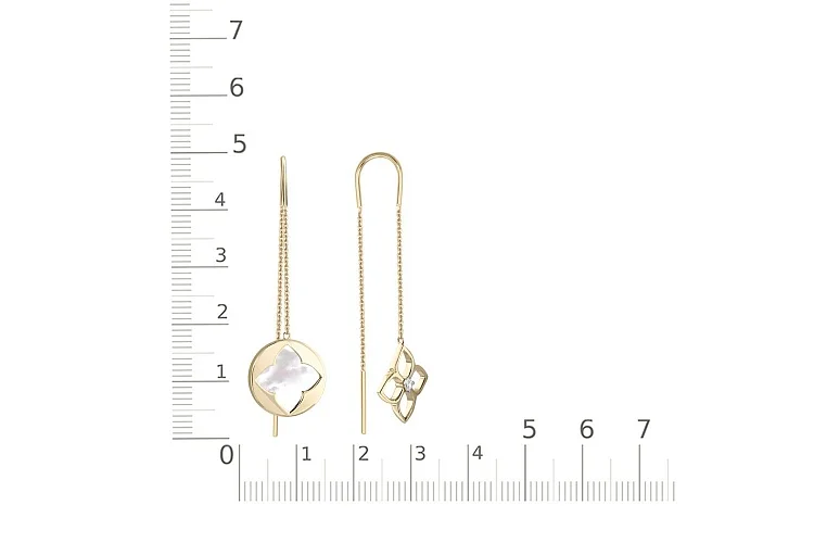 Серьги-продёвки Клевер из жёлтого золота с перламутром и фианитом