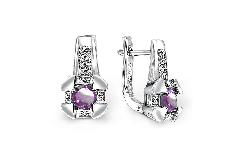 Серьги из белого золота с 2 аметистами и 24 фианитами