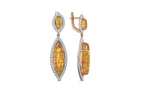 Серьги из красного золота с янтарём и 116 фианитами