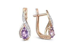 Серьги из красного золота с 2 аметистами и 14 фианитами