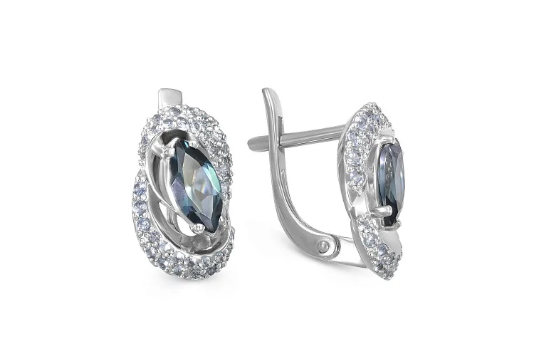 Серьги из белого золота с 2 топазами лондон и 64 фианитами