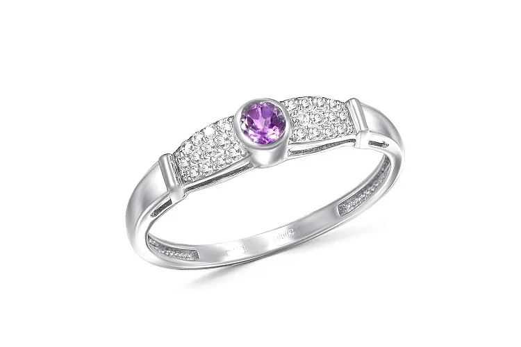 Кольцо из белого золота с аметистом и 24 фианитами