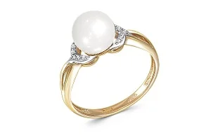 Кольцо из жёлтого золота с жемчугом и 14 бриллиантами