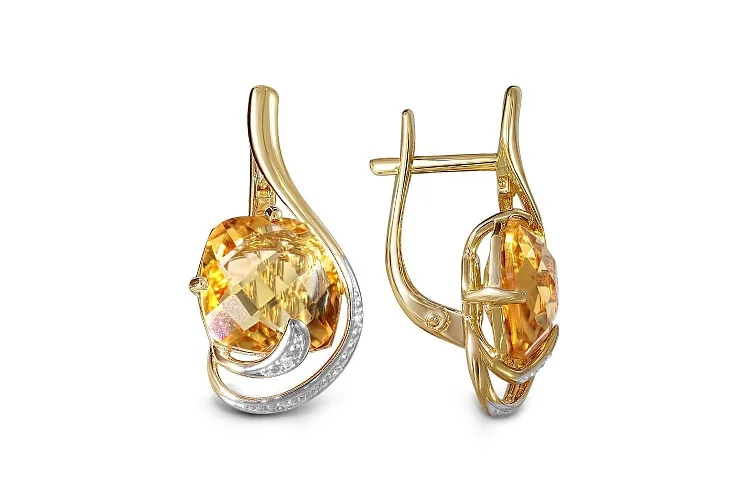 Серьги из жёлтого золота с 2 цитринами и 8 фианитами