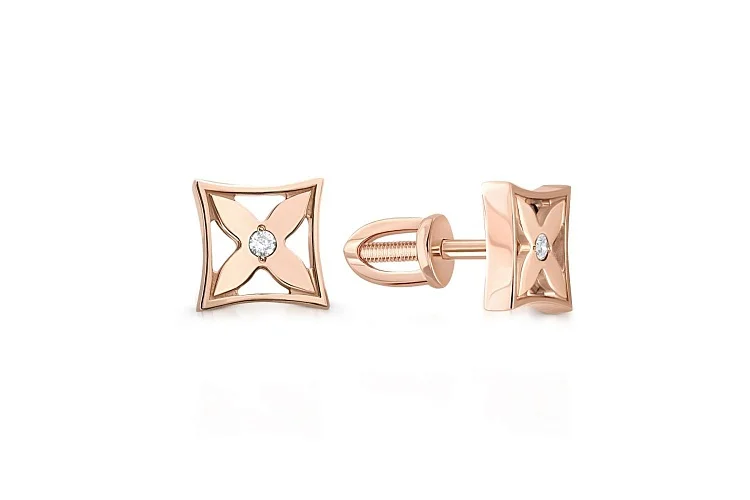 Серьги-пусеты Клевер из красного золота с 2 фианитами