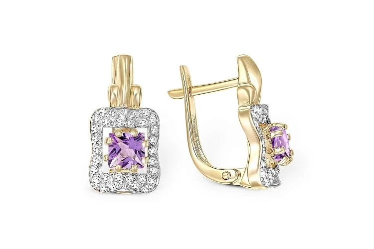 Серьги из жёлтого золота с 2 аметистами и 60 фианитами