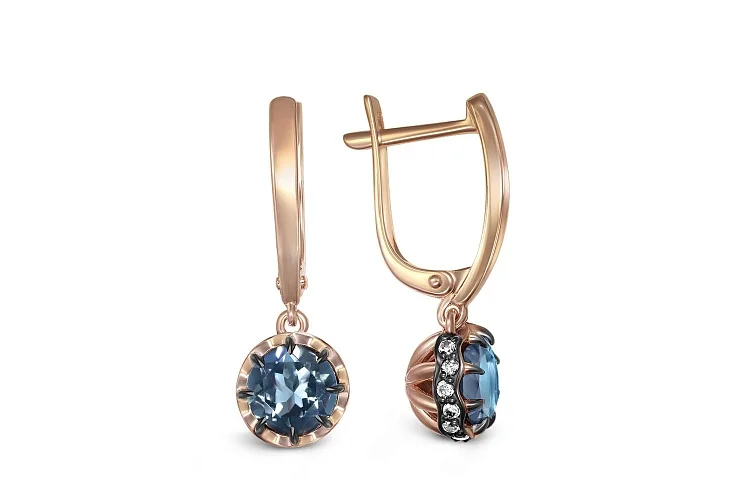 Серьги из красного золота с 2 топазами лондон и 30 фианитами