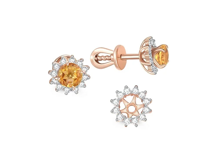 Серьги-пусеты из красного золота с 2 цитринами и 24 фианитами