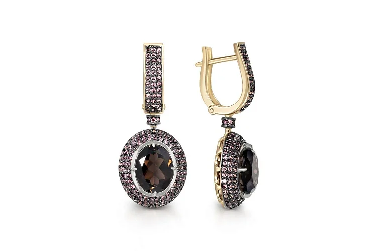 Серьги из жёлтого золота с 2 раухтопазами и 290 фианитами